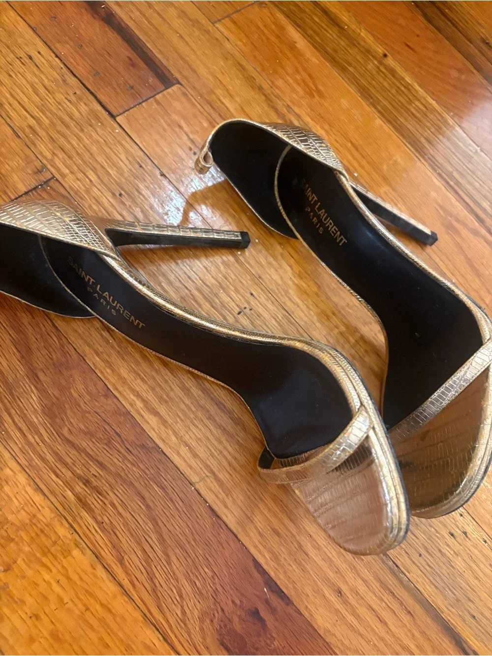 Saint Laurent Metallic Gold Croc-Embossed Open-Toe Heels - Picture 2 of 2